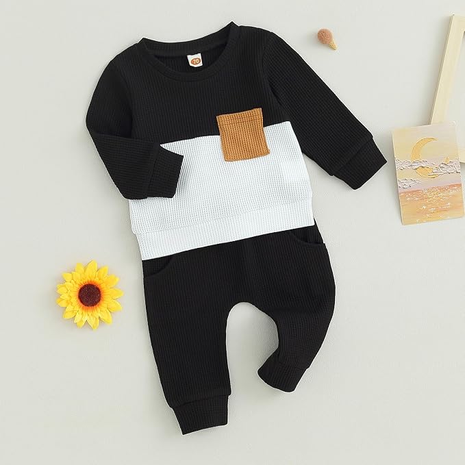 Toddler Baby Boy Fall Clothes Waffle Contrast Color Sweatshirt Pants Sets - Image 3