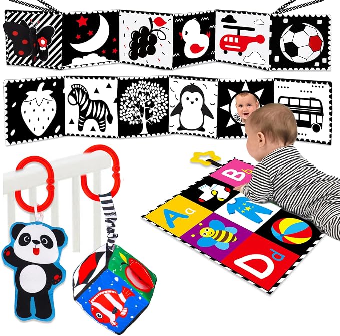 4 PCS Black and White High Contrast Baby Toys 0-3-6 Months Newborn Essential by Thremhoo