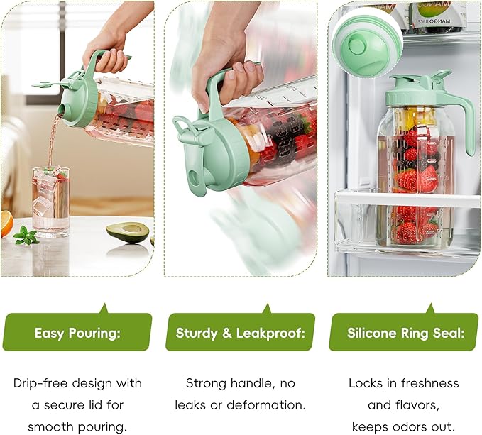 Fruit Infuser Water Pitcher, Glass Mason Jar Pitcher, 64oz Wide Mouth Jug - Image 3