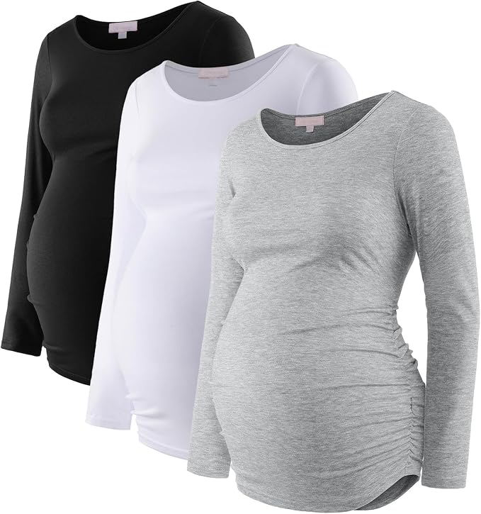 Bhome Women's Maternity Shirts 3 Packs Long Sleeve Pregnancy Tops Basic Side by Bhome