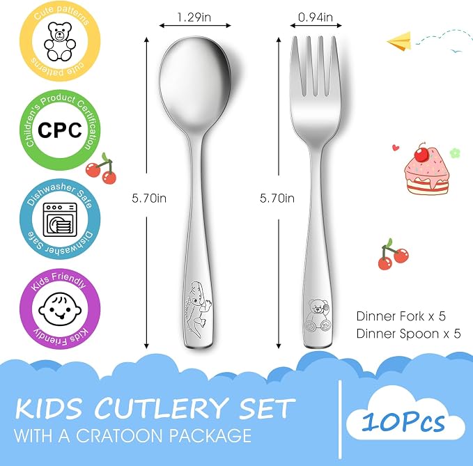 10-Piece Toddler Flatware, Kids Utensils Stainless Steel Cutlery Set, Children - Image 2