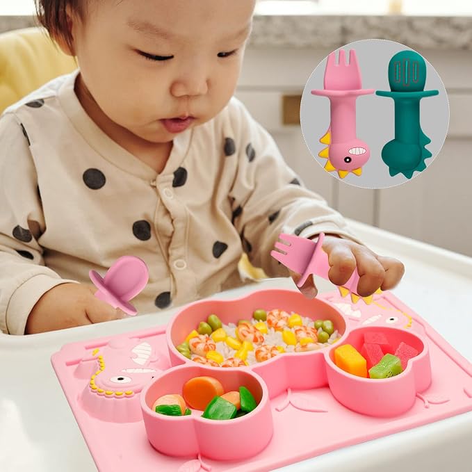 3Pcs Toddler Silicone Dinosaur Placemat Spoon and Fork Set, Divided Plate Dish - Image 2