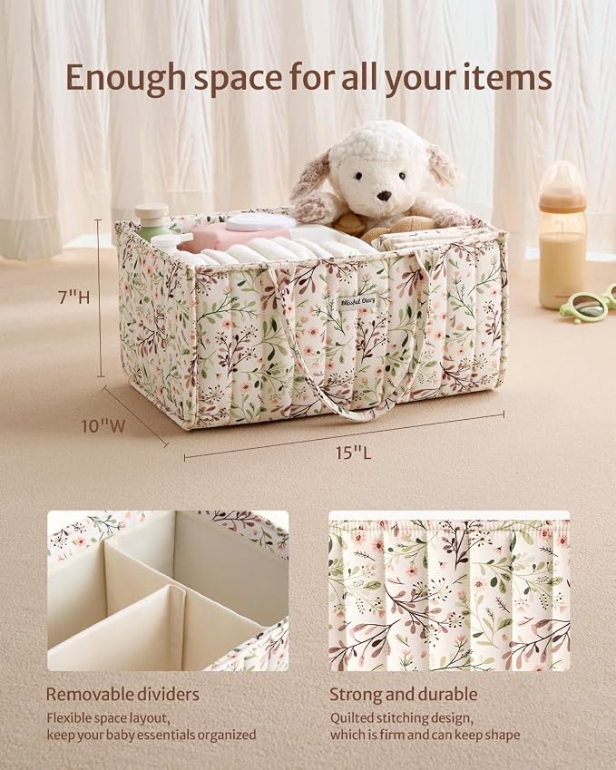 Blissful Diary Floral Diaper Caddy Organizer, Stylish Nursery Storage Basket - Image 3