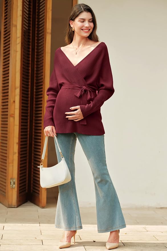 OUGES Womens Soft Cotton Blend Maternity Sweater Wrap V Neck Long Sleeve V Back - Image 6