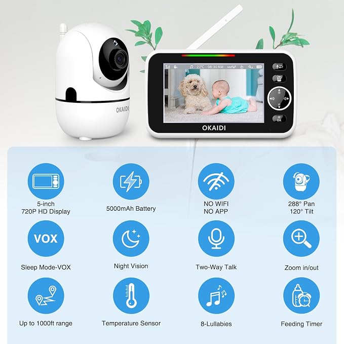 OKAIDI 5" HD Baby Monitor with Camera and Audio, 720P Display, 5000mAh Battery - Image 2
