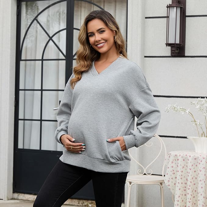 GINKANA Maternity Long Sleeve Shirts V Neck Sweatshirt Casual Tunic Tops - Image 2