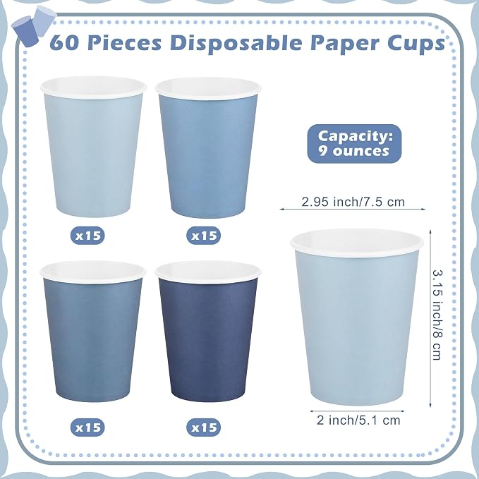 URATOT 60 Pieces 9 Ounce Disposable Paper Cups Gradient Blue Party Cups - Image 2