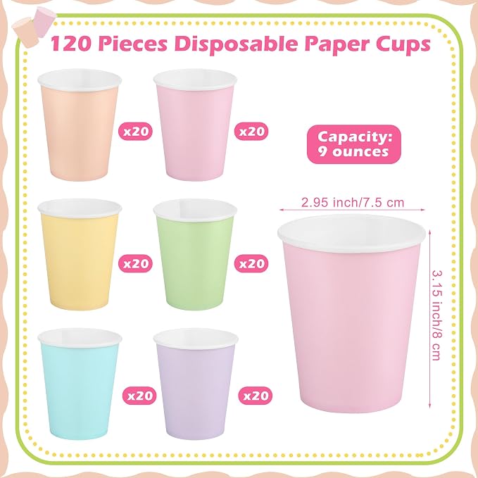 URATOT 120 Pieces 9 Ounce Disposable Paper Cups Pastel Rainbow Party Cups - Image 2