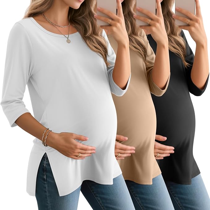 3 Pack Women's 3/4 Sleeve Maternity Shirts Elbow Length Clothes Round Neck by Baggyfly