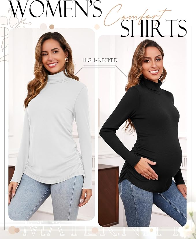 Ficerd 3 Pack Women's Maternity Shirts, Turtleneck Long Sleeve Pregnancy Tops - Image 2