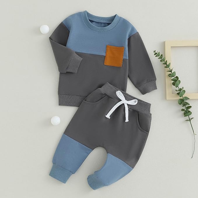 Toddler Baby Boy Fall Clothes Waffle Contrast Color Sweatshirt Pants Sets - Image 4