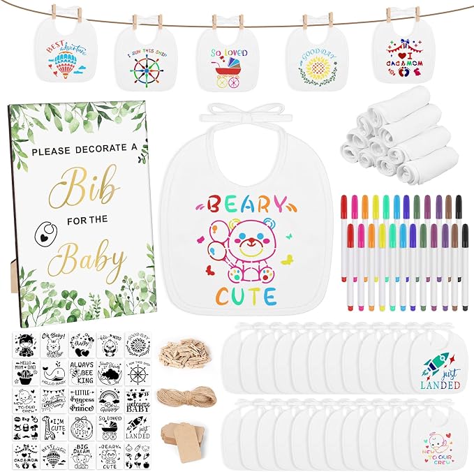 Baby Shower Game Sign Blank Bib DIY Set Newborn Essentials Stuff by Pydeeirom