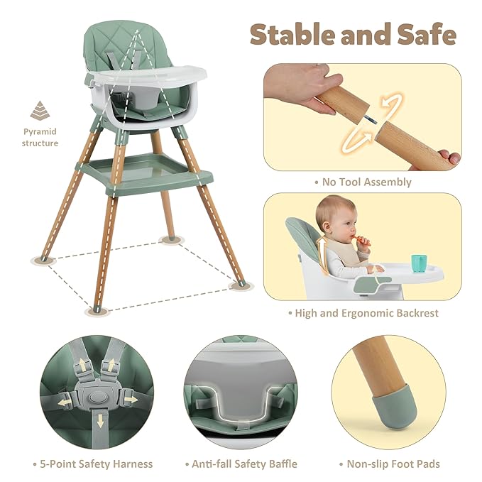 8 in 1 Wooden High Chairs for Babies Toddlers, Convertible to Booster Seat - Image 5