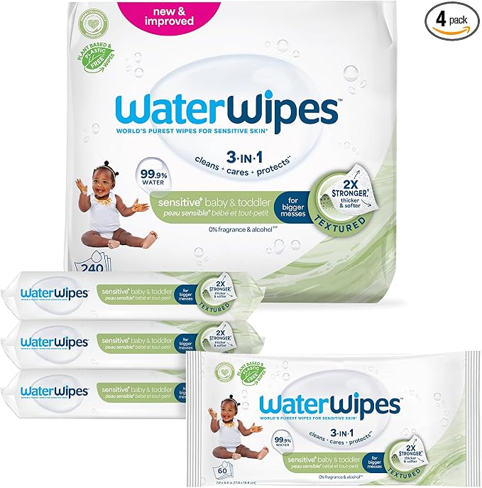 WaterWipes Sensitive+ Baby & Toddler Wipes, 3-In-1 Cleans, 99.9% Water by WaterWipes