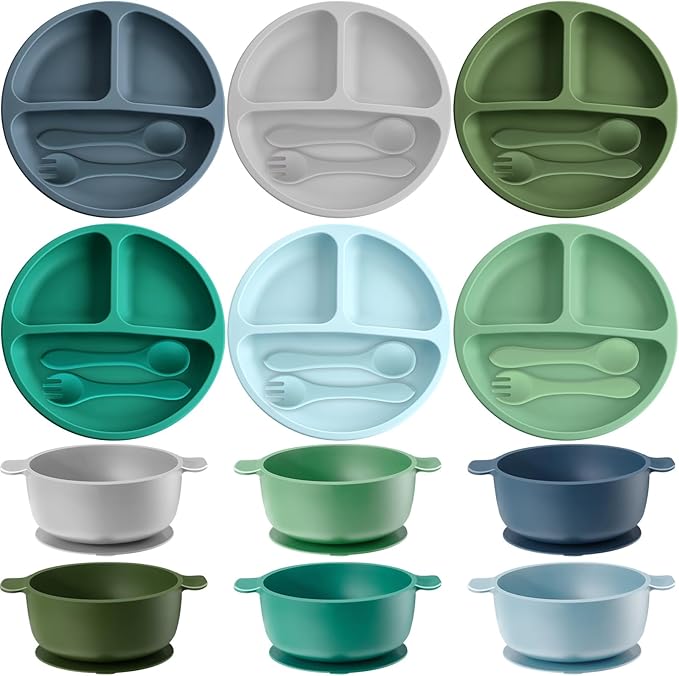 Dandat 24 Pcs Silicone Baby Feeding Set, 6 Baby Toddler Suction Bowls 6 Divided by Dandat
