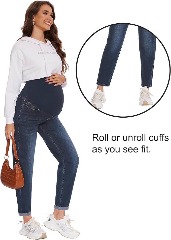 POSHGLAM Women's Maternity Jeans Over Belly Comfy Stretch 28'' Boyfriend Jeans - Image 3