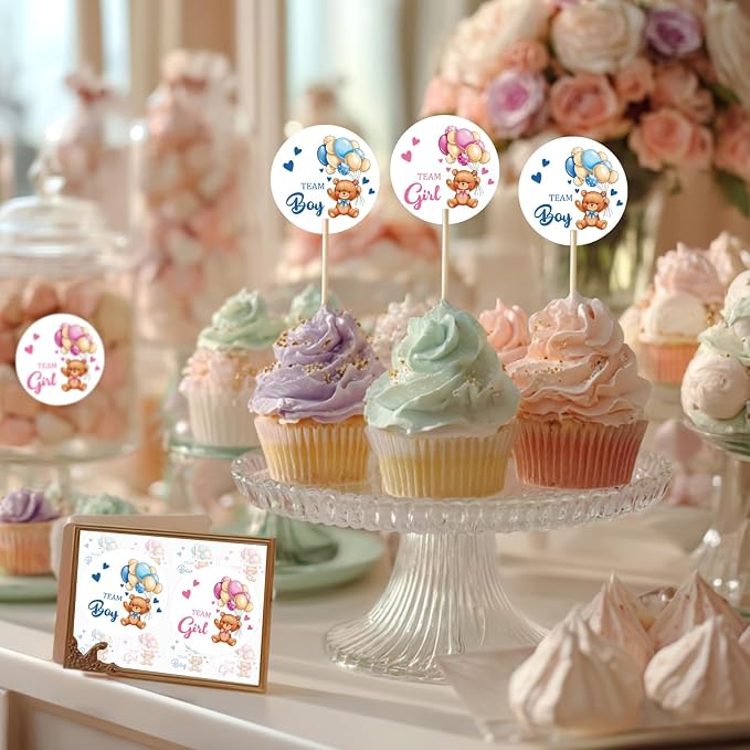 80Pcs Cute Bear Gender Reveal Stickers Roll, 2 Inch Team Boy Team Girl Gender - Image 5