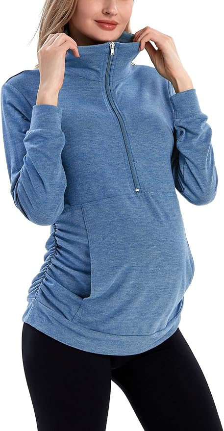 GINKANA Maternity Women's Long Sleeve Shirt Half Zipper Lapel Lightweight by GINKANA