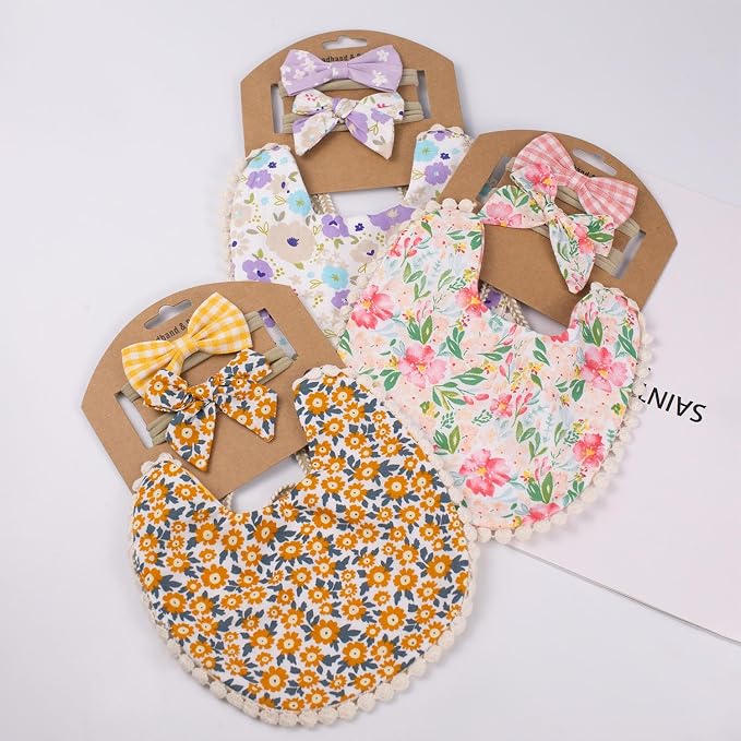 Baby Girls Floral Print Bibs, Reversible Burp Cloth Set - Image 4