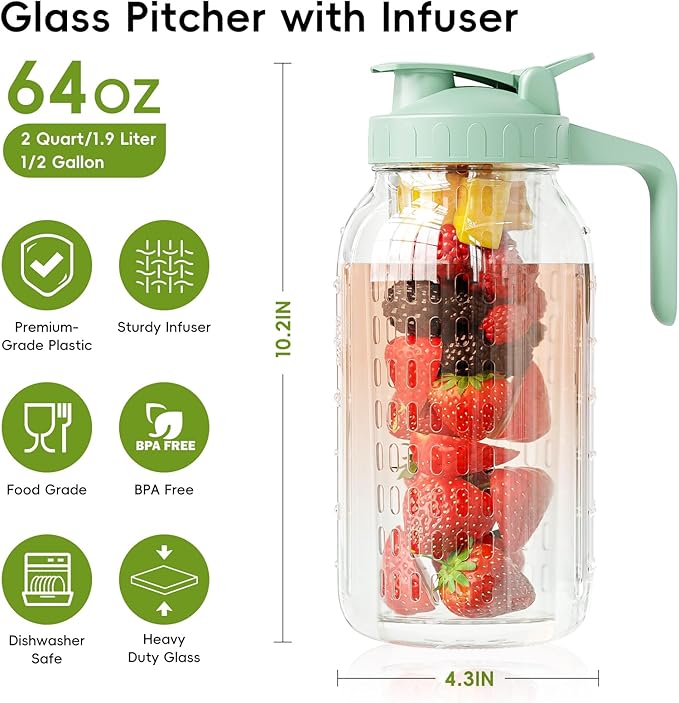 Fruit Infuser Water Pitcher, Glass Mason Jar Pitcher, 64oz Wide Mouth Jug - Image 2