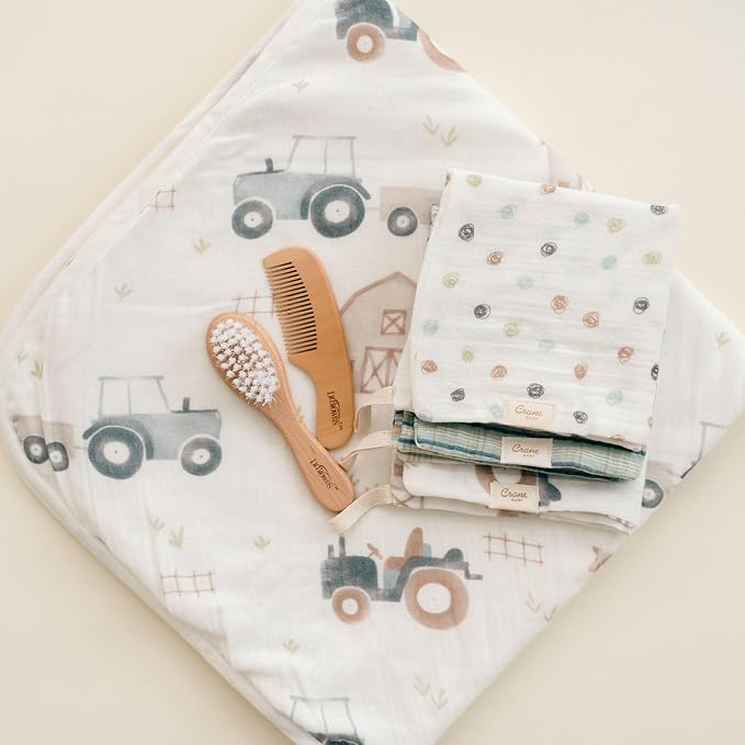 Crane Baby Hooded Towel & Washcloth Set, Charlie Farmhouse Tractor Hooded Baby - Image 3