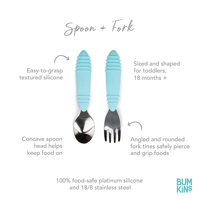 Bumkins Toddler Utensils, Kids Size Fork and Spoon Set, Silicone and - Image 2