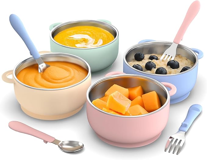 Toddler Bowls with suction & Utensils Set, 2-in-1 Stainless Steel 304 Kids by Bakpoco