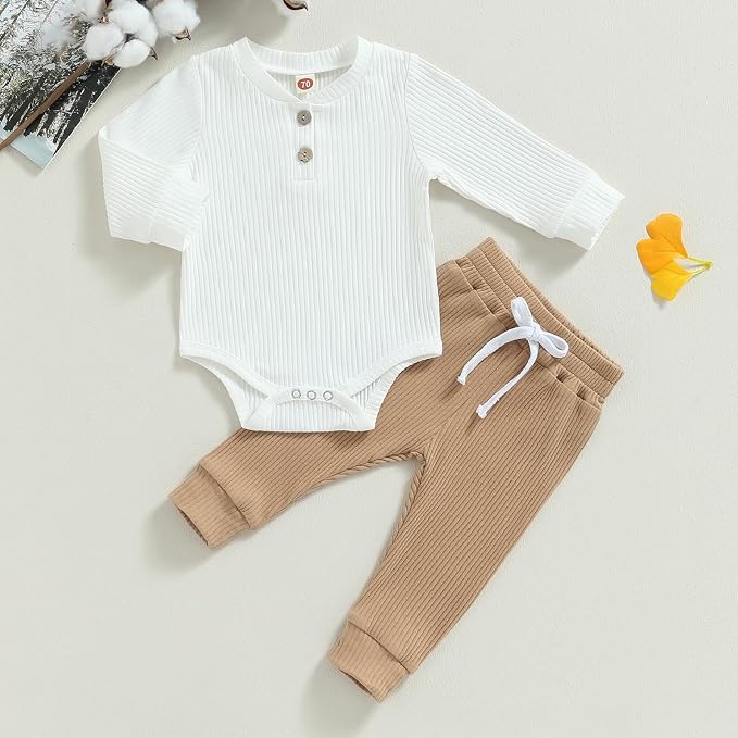 Newborn Baby Boy Girl Clothes Ribbed Knitted Long Sleeve Romper Pants Solid - Image 2