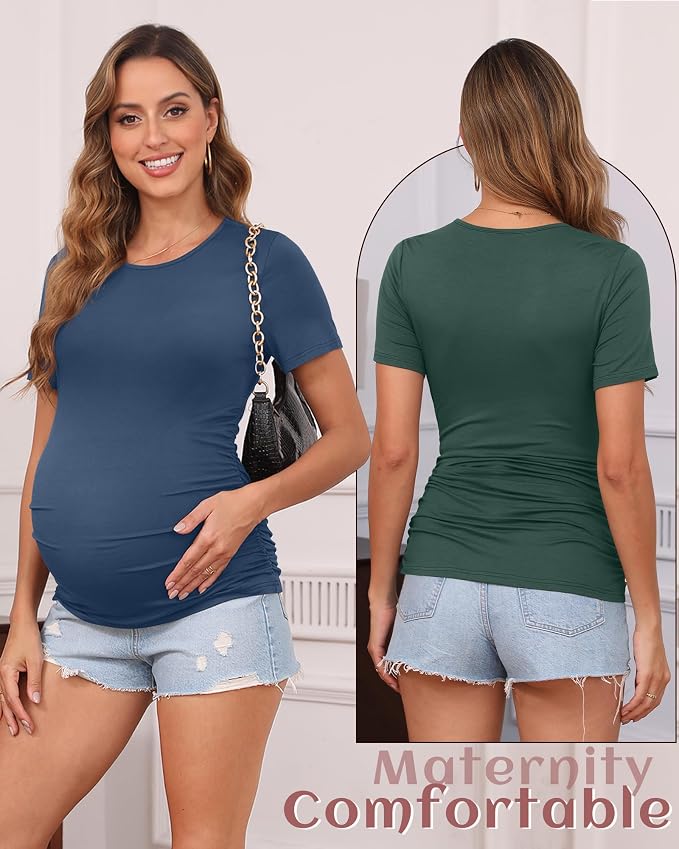 Huukeay 4 Pack Women's Maternity Shirts, Crew Neck Maternity Top Short Sleeve - Image 2