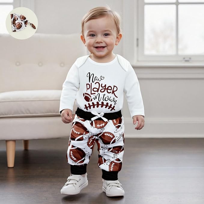 Baby Boy Hockey Outfit New Player in Town Long Sleeve Romper Long Pants Hat Set - Image 3