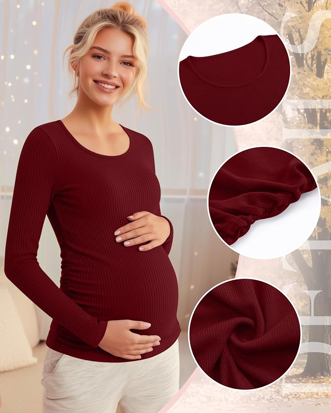 Riyiper 4 Pack Women's Maternity Shirts, Long Sleeve Cotton Ribbed Pregnancy - Image 5