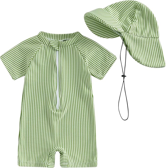 Toddler Baby Boys Seersucker Short Sleeve One Piece Rash Guard Swimsuit Zipper by Nibbcoa
