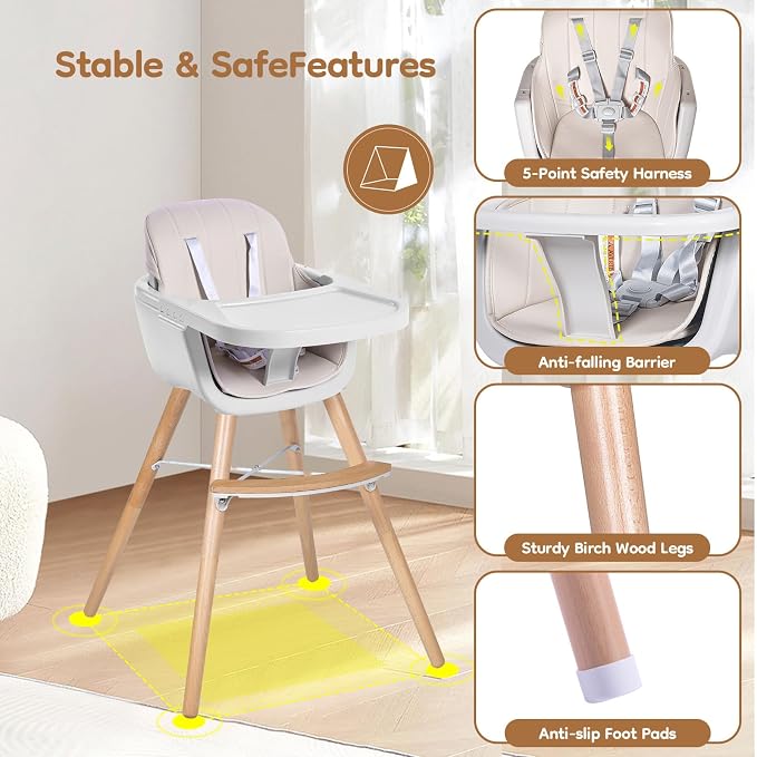 High Chairs for Babies and Toddlers, 3 in 1 Convertible Wooden highchair - Image 5