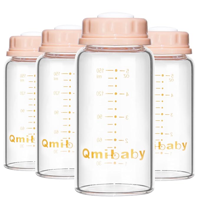 Natural Glass Baby Bottle 150ml 5oz Standard Neck Breast Milk Storage Bottles by Qmibaby