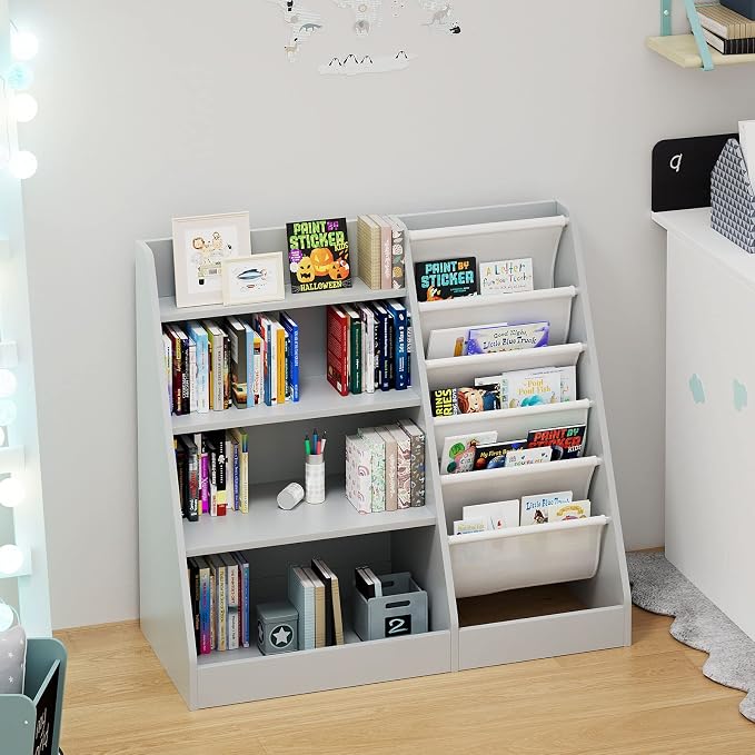 Gray 4 Tier Kids Wooden Bookshelf, Five Layer Sling Toddler Front Facing - Image 8
