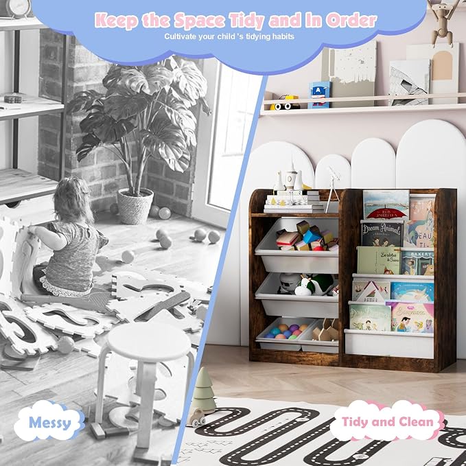 Rustic Kids Wood Bookshelf Toy Storage Box Organizer Shelf W/4 Removable - Image 3