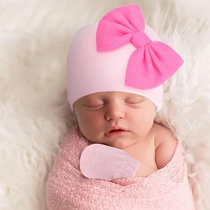BQUBO Newborn Baby Hats Mittens Set Hospital Hat Beanie Infant Bow Hats Baby - Image 3