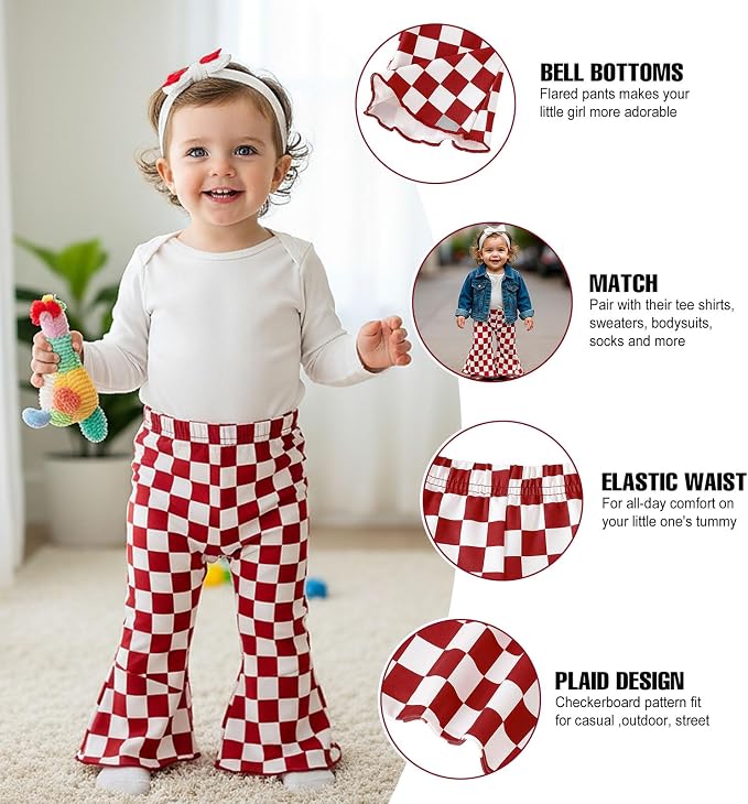 SOBOWO Checkered Baby Girl Flare Pants 3 Pack Toddler Bell Bottoms Plaid Ruffle - Image 2
