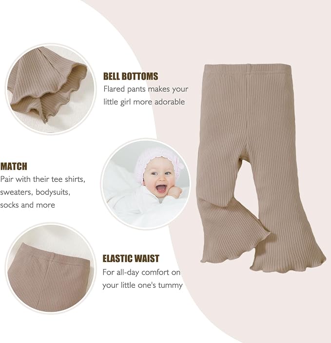 SOBOWO Baby Girl Flare Pants 3 Pack Toddler Solid Ribbed Ruffle Bell Bottoms - Image 4