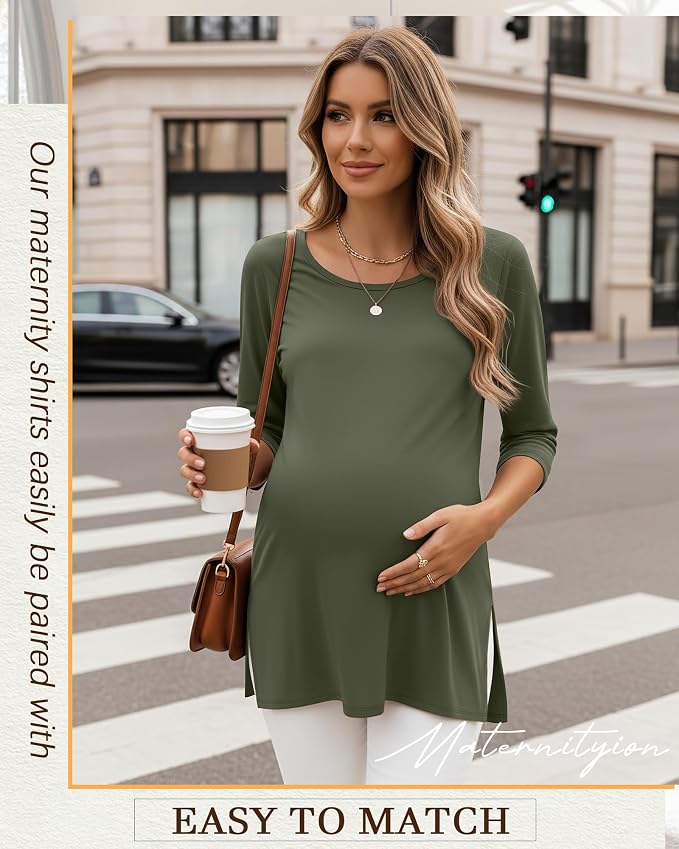 3 Pack Women's 3/4 Sleeve Maternity Shirts Elbow Length Clothes Round Neck - Image 2
