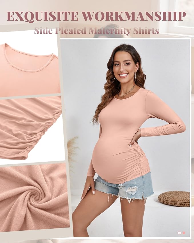 Ficerd 3 Pack Women's Maternity Shirts, Long Sleeve Side Ruched Pregnancy Tee - Image 6
