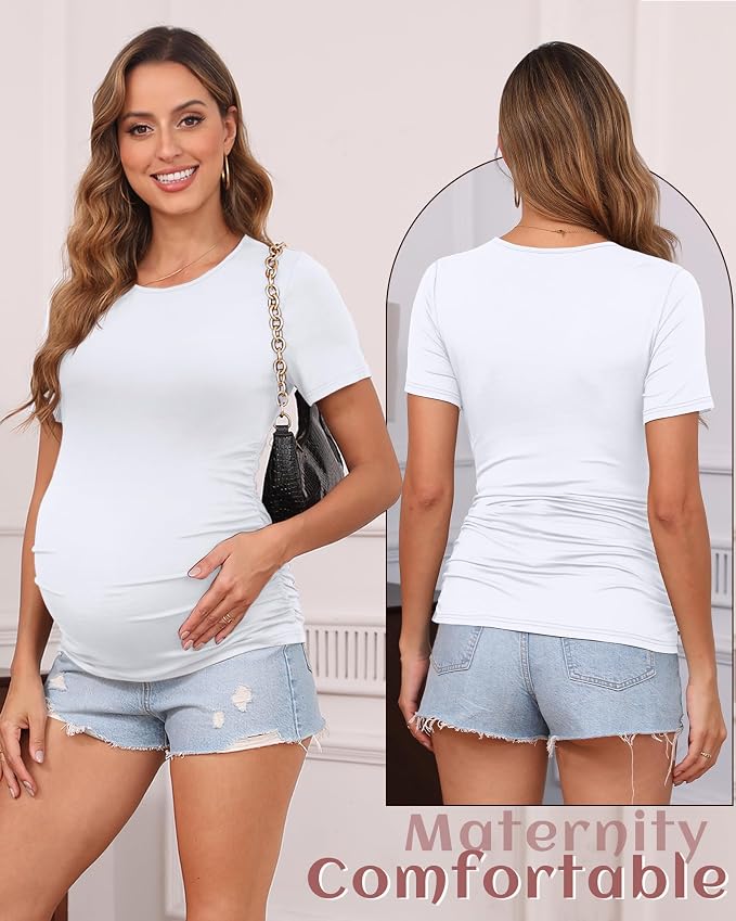 Huukeay 4 Pack Women's Maternity Shirts, Crew Neck Maternity Top Short Sleeve - Image 2
