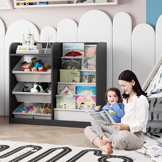 Black Kids Wood Bookshelf Toy Storage Box Organizer Shelf W/4 Removable Plastic - Image 7