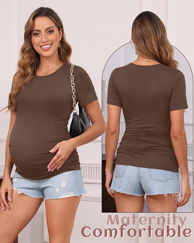 Huukeay 4 Pack Women's Maternity Shirts, Crew Neck Maternity Top Short Sleeve - Image 2