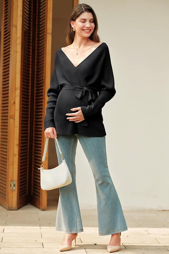 OUGES Womens Soft Cotton Blend Maternity Sweater Wrap V Neck Long Sleeve V Back - Image 6