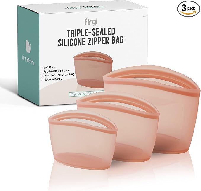 Premium Platinum Silicone Reusable Food Storage Bags 3-Pack, Airtight Zip Lock by FIRGI-FirstGift
