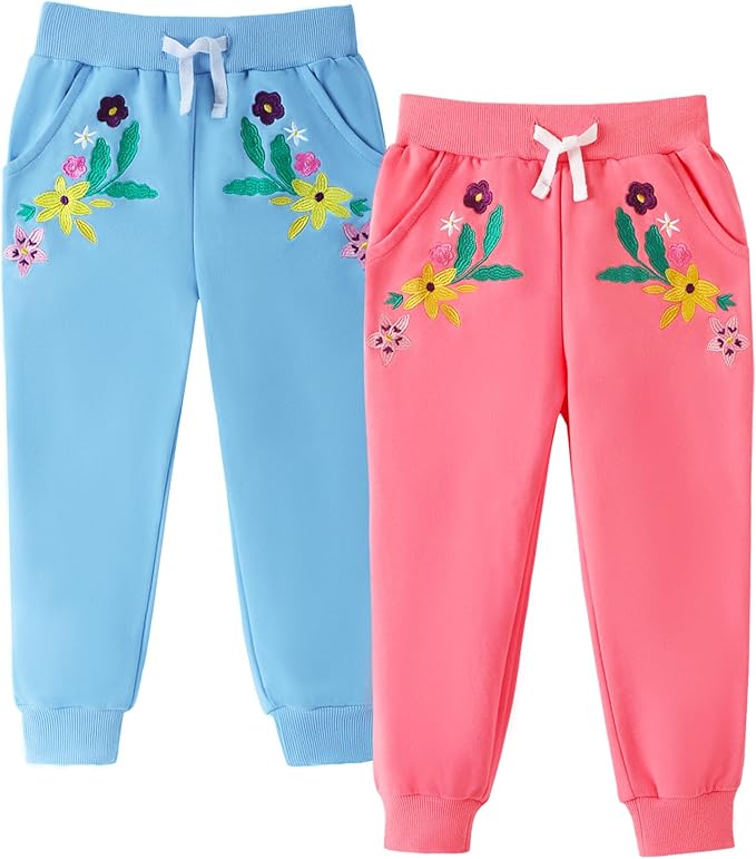HILEELANG Girls Cotton Joggers Sweatpants Embroidery Drawstring Waist Pockets by HILEELANG
