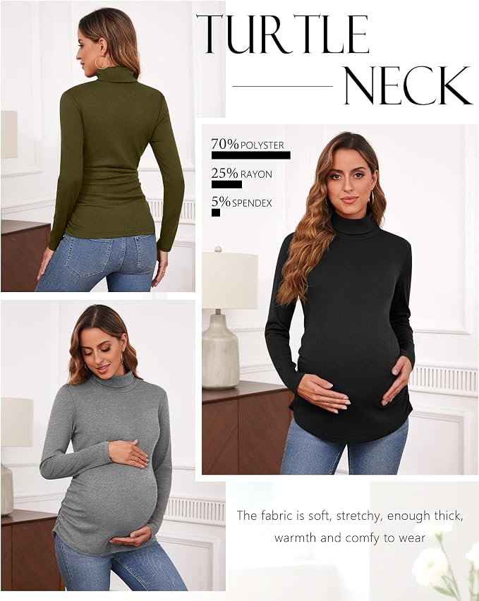 Ficerd 3 Pack Women's Maternity Shirts, Turtleneck Long Sleeve Pregnancy Tops - Image 3