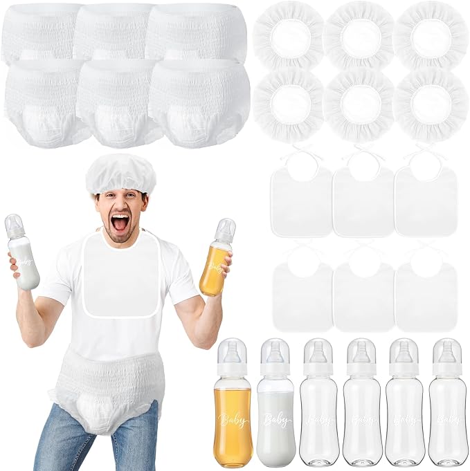 6 Sets Bottle Chug Baby Shower Games Juegos Para Plastic Baby Bottles Bibs Hat by giftlyze