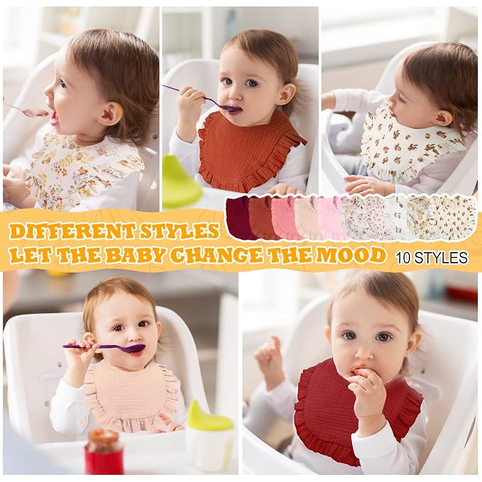 Mepase 10 Pcs Large Muslin Baby Girl Bibs Drool Teething Bibs Lap Shoulder - Image 5